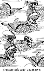 Mandarin ducks swimming in water, seamless zentangle bird design, pattern for adult colouring book