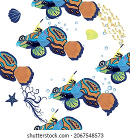 Mandarin fish seamless patterns. beautiful character among seashells, seaweed, starfish, sea animal wildlife character. Nature underwater, marine wild ocean zoo fish