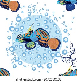 Mandarin fish seamless patterns. beautiful character among seashells, seaweed, starfish, sea animal wildlife character. Nature underwater, marine wild ocean zoo fish