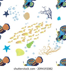 Mandarin fish seamless patterns. beautiful character among seashells, seaweed, starfish, sea animal wildlife character. Nature underwater, marine wild ocean zoo fish
