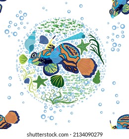 Mandarin fish seamless patterns. beautiful character among seashells, seaweed, starfish, sea animal wildlife character. Nature underwater, marine wild ocean zoo fish