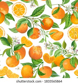 Mandarinenfloraler Hintergrund. Vektor-nahtlose Fruchtmuster, Zitrusfrüchte, Blumen, Blätter, Orangefarbene Branchen Textur. Aquarellfarben-Orangen. Vintage Mandarins Design für Hochzeit, Hintergrund, Tapete