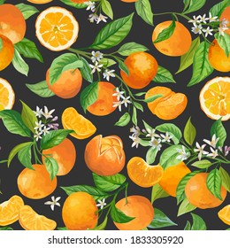 Mandarin Floral Pattern. Vector Seamless Fruit Background, Citrus Fruits, Flowers, Leaves, Orange Branches Texture. Watercolor Style Oranges. Vintage Mandarins Design for Wedding, Backdrop, Wallpaper