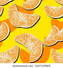 Mandarin Floral Pattern, Vector Seamless Fruit Background, Citrus Fruits, Flowers, Leaves, Texture. Vintage Lemon Design for Print, Wedding, Backdrop, Wallpaper