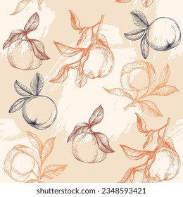 Mandarin Floral Pattern, Vector Seamless Fruit Background, Citrus Fruits, Flowers, Leaves, Texture. Vintage Lemon Design for Print, Wedding, Backdrop, Wallpaper