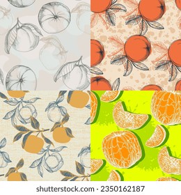 Mandarin Floral Pattern, Vector Seamless Fruit Background, Citrus Fruits, Flowers, Leaves, Texture. Vintage Lemon Design for Print, Wedding, Backdrop, Wallpaper
