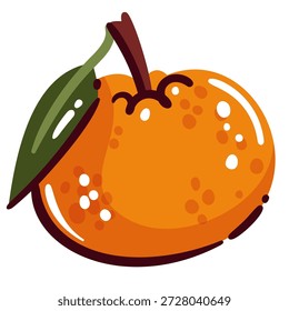 Mandarin fruit icon with orange peel, green leaf and round citrus shape. Fresh mandarin illustration for food design, menu, packaging, grocery branding. Citrus fruit symbol. Cartoon vector illustration.