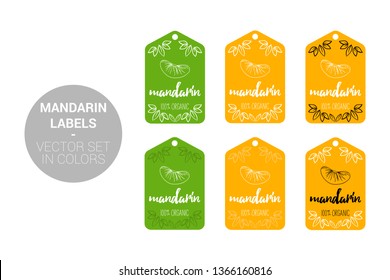 Mandarin fruit Natural labels set in green, yellow colors. Cartoon Advertising hundred percent organic Stickers. Citrus fruit Badges with Hand drawn mandarin with Eco leaves ready for web and Print