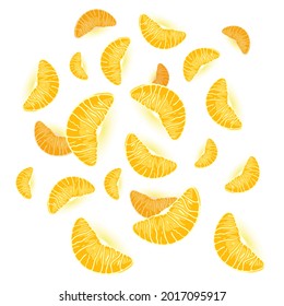 Mandarin fruit parts, juicy citrus fruit, vitaminized product, ripe organic food. Vector natural vegetarian eating, healthy vitaminized snack idea. Isolated on white background