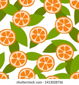 Mandarin fruit seamless pattern. Fashion design. Orange. Food print for kitchen tablecloth, curtain or dishcloth. Hand drawn tangerine. Vector citrus sketch background