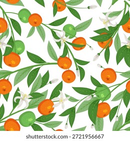 Patrón sin fisuras de fruta mandarina. Mandarinas maduras en ramas florecientes, cítricos naranjas repetidos, mandarinas dulces. Decoración textil, papel de embalaje, Fondo de pantalla. Imprimir para fondo de Vector ordenado de tela
