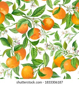 Mandarin Fruit Seamless Tropical Pattern, Colorful Vector Juicy Citrus Fruits, Leaves, Flower Background, Jungle, Exotic Cover Design Elements, Watercolor Style Textile, Backdrop, Wallpaper, Fabric