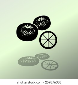 Mandarin fruits icon . Black silhouette with shadow on light green background. Flat design. Vector isolated