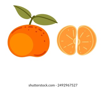 Mandarin with green leaves, whole and sliced citrus tropical fruit. Ripe exotic nutrition food, simple cartoon style. Flat vector illustration isolated on white background