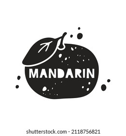 Pegatina de gruñón de mandarín. Silueta de textura negra con letras en el interior. Imitación del sello, impresión con escaramuzas. Ilustración aislada dibujada a mano sobre fondo blanco