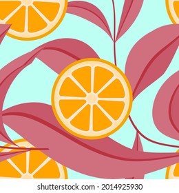 mandarin half with leaf branch seamless pattern