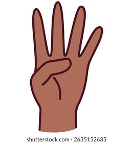 Mandarin hand sign for number four using dark-skinned hand, with four fingers extended. Part of Chinese finger counting system used in communication and education