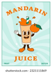 Mandarin juice glass character in comic cartoon style on striped sunburst background. Hand drawing of funny mascot in retro style. Template vector illustration for posters, covers and prints