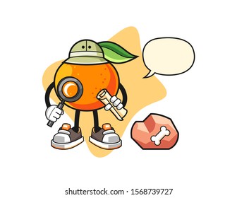 Mandarin orange archaeologist with speech bubble cartoon. Mascot Character vector.
