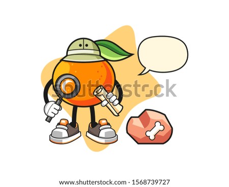 Mandarin orange archaeologist with speech bubble cartoon. Mascot Character vector.