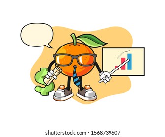 Mandarin orange economist with speech bubble cartoon. Mascot Character vector.
