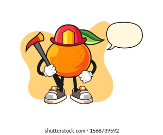 Mandarin orange firefighter with speech bubble cartoon. Mascot Character vector.