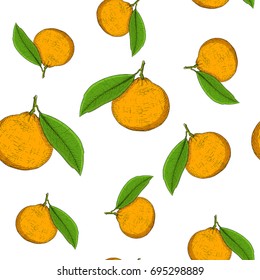 Mandarin orange. Hand drawn colored sketch as seamless pattern. Vector illustration
