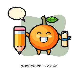 Mandarin orange illustration cartoon is graduation with a giant pencil, cute style design for t shirt, sticker, logo element