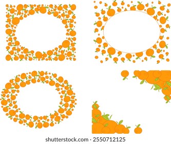  mandarin orange oval frame set. Simple illustration of a citrus and cross section. Seasonal fruit decoration. Vector, graphic logo text material.
