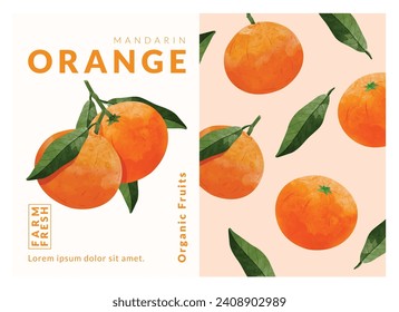 Plantillas de diseño de empaque de color naranja mandarín, ilustración vectorial de estilo acuarela.