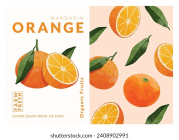 Plantillas de diseño de empaque de color naranja mandarín, ilustración vectorial de estilo acuarela.