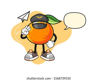 Mandarin orange pilot with speech bubble cartoon. Mascot Character vector.