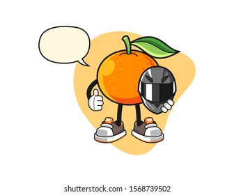 Mandarin orange racer with speech bubble cartoon. Mascot Character vector.
