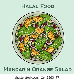Mandarin orange salad, bursting with citrus flavors and mixed greens. This halal-friendly dish combines sweet oranges, crisp vegetables, and a tangy dressing for a delightful, healthy meal.