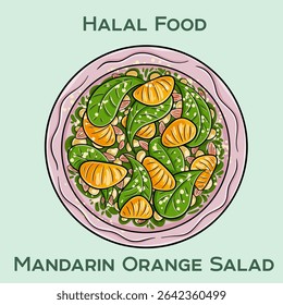 Mandarin orange salad, bursting with citrus flavors and mixed greens. This halal-friendly dish combines sweet oranges, crisp vegetables, and a tangy dressing for a delightful, healthy meal.
