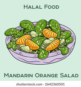 Mandarin orange salad, bursting with citrus flavors and mixed greens. This halal-friendly dish combines sweet oranges, crisp vegetables, and a tangy dressing for a delightful, healthy meal.