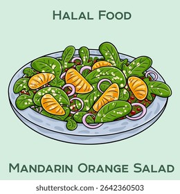 Mandarin orange salad, bursting with citrus flavors and mixed greens. This halal-friendly dish combines sweet oranges, crisp vegetables, and a tangy dressing for a delightful, healthy meal.