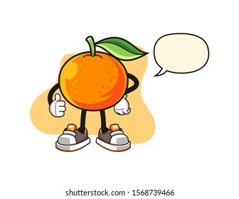 Mandarin orange thumbs up with speech bubble cartoon. Mascot Character vector.