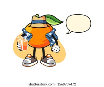 Mandarin orange vacation with speech bubble cartoon. Mascot Character vector.