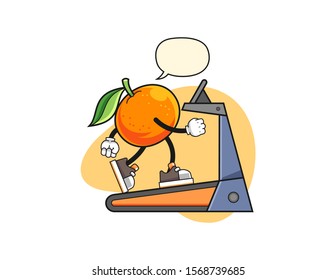Mandarin orange walking on treadmill with speech bubble cartoon. Mascot Character vector.