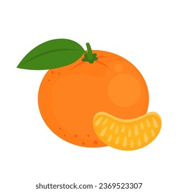 fruta entera de color naranja Mandarín y rodajas aisladas en un fondo blanco. Ícono de cítricos reticulata, clementina, mandarina o mandarina. Ilustración vectorial de frutos exóticos tropicales en estilo plano.