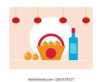 Mandarin oranges in a basket and glass drink bottles, Chinese new year with red lantern decorations. Character design. Vector flat illustration