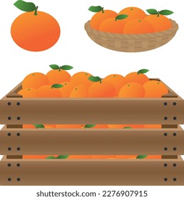 naranjas mandarinas en una canasta y una caja de madera