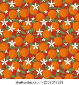 Mandarin oranges and orange blossoms on a red background for Chinese new year