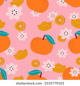 Mandarin oranges and plum blossoms. Seamless pattern elements for Chinese New Year. Traditional Chinese coins and Yuanbao on pink background.  