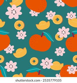 Laranjas de tangerina e flores de ameixa. Elementos de padrão contínuo para Ano Novo Chinês. Moedas tradicionais chinesas e Yuanbao sobre fundo azul-petróleo. Fundo colorido.