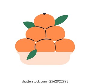 Mandarin oranges stacked in bowl. Healthy fresh citrus fruits with leaves, vitamin food, natural snack. Tangerines pile, seasonal treat. Flat vector illustration isolated on white background