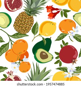 Mandarin, Pineapple Pomegranate Avocado Lemons floral pattern, vector seamless fruit background, citrus fruits, flowers, leaves, branches texture. Tropical design for print, textile, background, paper