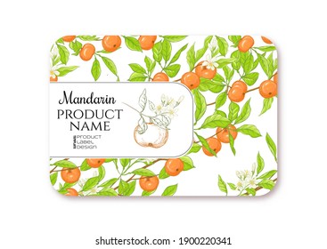Mandarin. Ripe citrus. Template for product label, cosmetic packaging. Easy to edit. Graphic drawing, engraving style. Vector illustration.