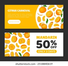 Design de banner de fruta madura mandarim com modelo de vetor de planta exótica